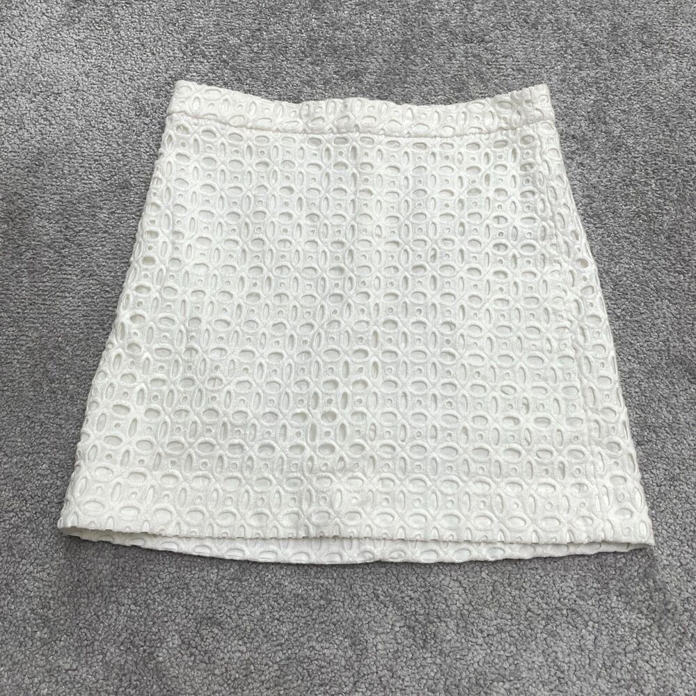 J.Crew Embroidered Eyelet Short Mini Pencil Skirt Womens 00 White Cotton Casual
